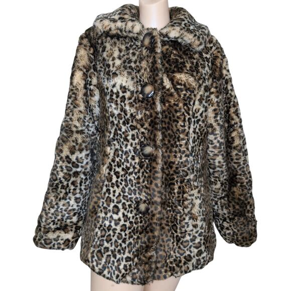 Faux Fur Leopard Print Coat Women Small Oversized Animal Print Jacket Glam Retro - Picture 1 of 7